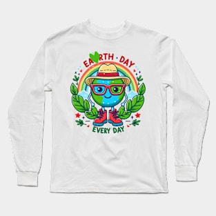 Earth Day Every Day Cute Earth Wearing Red Glasses and a Hat Long Sleeve T-Shirt